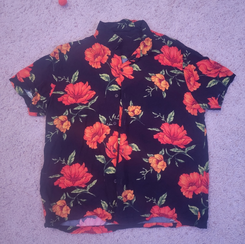 Black and Orange Floral Button Up